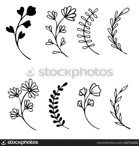 Set of hand drawn doodle floral frames with leaves on white background. Set of hand drawn doodle tree branches with leaves on white background