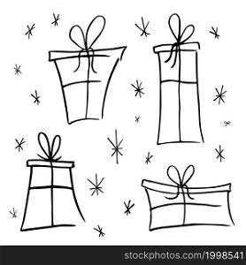 Set of hand drawn doodle gift boxes with bows and ribbons. Sketch illustration. Isolated on light background.. Set of hand drawn doodle vector gift boxes with bows and ribbons. Sketch illustration.
