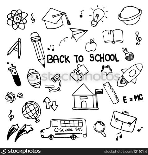 Set of hand drawn doodle icons back to school on white background.