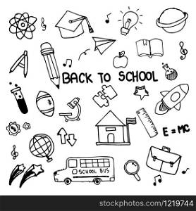 Set of hand drawn doodle icons back to school on white background.