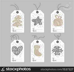 Set of hand drawn doodle scandinavian Christmas element tags with place for text. Collection holiday vector gift tags and bundle decorative hygge xmas elements.. Set of hand drawn doodle scandinavian Christmas element tags with place for text. Collection holiday vector gift tags and bundle decorative hygge xmas elements