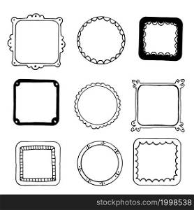 Set of hand-drawn doodle square and round frames, vector design elements. Set of hand drawn doodle square and round frames, vector design elements