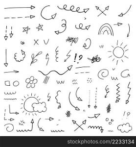 Set of hand drawn doodle vector arrows, strokes and other handdrawn style elements for design. Set of hand drawn doodle vector arrows, strokes and other handdrawn style elements for design.