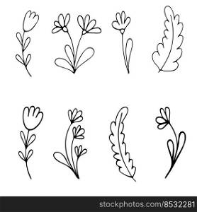 Set of Hand drawn doodle vector flowers, leaves and branches. Floral, plant elements in doodle style.. Set of Hand drawn doodle vector flowers, leaves and branches. Floral, plant elements in doodle style