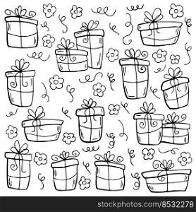 Set of hand drawn doodle vector gift boxes with bows and ribbons. Sketch illustration. Child simple drawing. For decor, print, cards.. Set of hand drawn doodle vector gift boxes with bows and ribbons. Sketch illustration. Child simple drawing. For decor, print, cards
