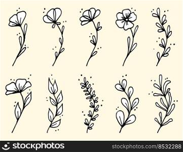 Set of Hand drawn doodle vector leaves and branches. Collection of tree Floral, plant elements