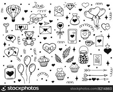 Set of hand drawn elements about love. Design elements isolated on white. Happy Valentine’s Day background. Vector illustration.. Set of hand drawn elements about love. Design elements isolated on white. Happy Valentine’s Day background. Vector illustration