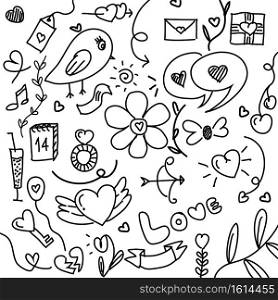Set of hand drawn elements doodle black lines valentine&rsquo;s day, wedding, love and romantic events hearts isolated on white background. Vector illustration