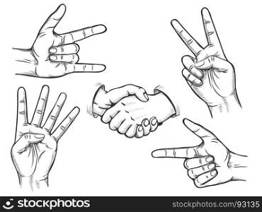 Set of hand drawn finger gestures. Hand signs vector illustration