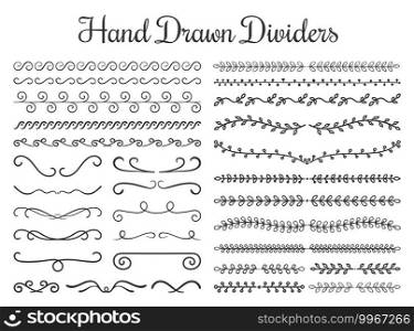 Set of hand drawn floral and calligraphic dividers, vector eps10 illustration. Hand Drawn Dividers