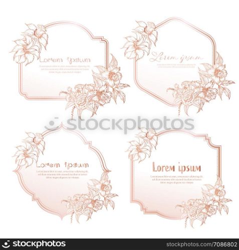 Set of hand drawn floral frame. Geometric frame with hand drawn flower. Botanical composition. Decorative element for wedding card. Invitations Vector illustration.