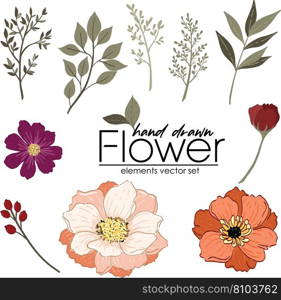 Set of hand drawn flower and leave Royalty Free Vector Image