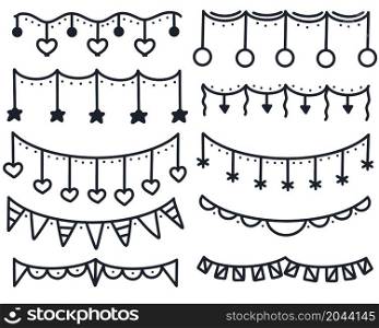 Set of hand drawn garlands isolated vector illustration. Collection of doodle decorations for the holiday. Bundle of bunting. Set of hand drawn garlands isolated vector illustration