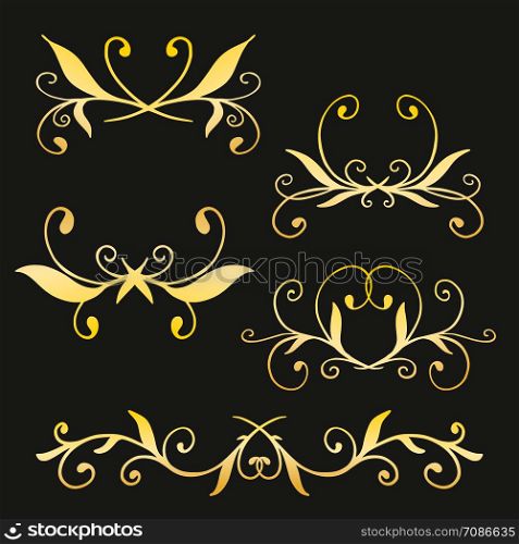 Set of hand drawn golden design elements on black background