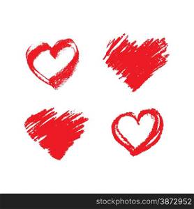 Set of hand drawn grunge red hearts isolated on white background