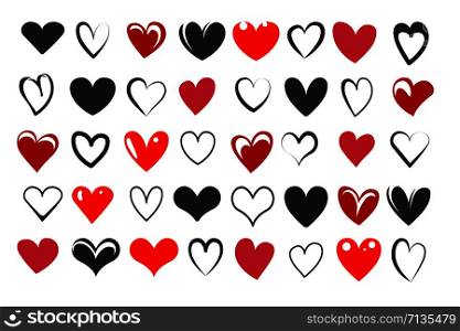 Set of Hand Drawn Heart Icons drawn in different styles. Vector illustration.