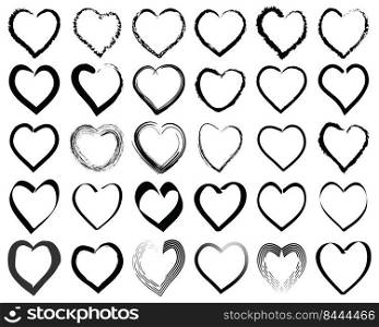 Set of hand drawn hearts. Black heart shape doodle art sketch style, icon, vector illustration
