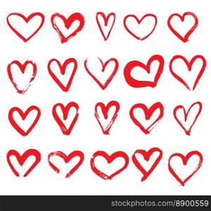 Set of Hand Drawn Hearts. Red Color. Vector Illustration.