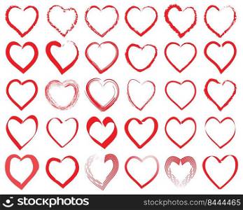 Set of hand drawn hearts. Red heart shape doodle art sketch style, icon, vector illustration