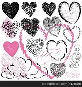 set of hand drawn hearts, vector