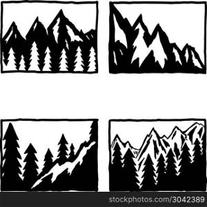 Set of hand drawn hiking and tourism emblems. Design element for logo, poster, card, emblem, print. Vector image. Set of hand drawn hiking and tourism emblems. Design element for logo, poster, card, emblem, print.
