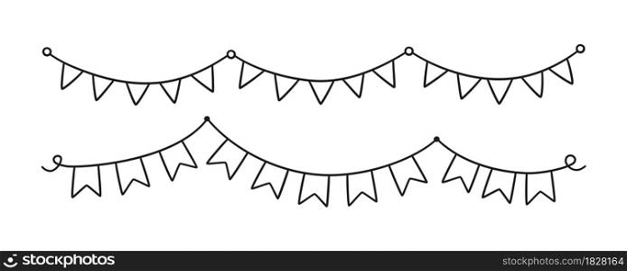Set of hand drawn holiday buntings. Doodle birthday garland of flags. Children doodle drawing. Isolated vector illustration on white background.. Set of hand drawn holiday buntings. Doodle birthday garland of flags. Children doodle drawing. Isolated vector illustration on white background