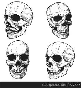 Set of hand drawn human skulls. Design element for poster, t shirt, card, banner, flyer. Vector illustratio