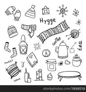 Set of hand drawn hygge elements doodles in vector. Set of hand drawn hygge home elements doodles in vector