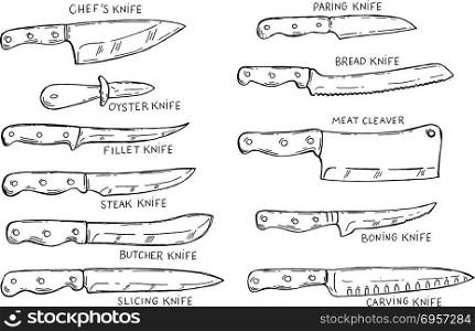Set of hand drawn kitchen knives . Design element for poster, card, banner, menu. Vector illustration. Set of hand drawn kitchen knives . Design element for poster, card, banner, menu.