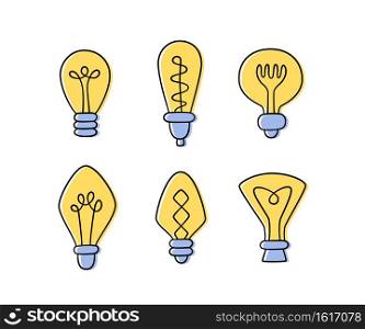 Set of hand drawn Light Bulbs. Collection of different yellow loft l&s in doodle style. Isolated vector objects on white background. Set of hand drawn Light Bulbs. Collection of different yellow loft l&s in doodle style