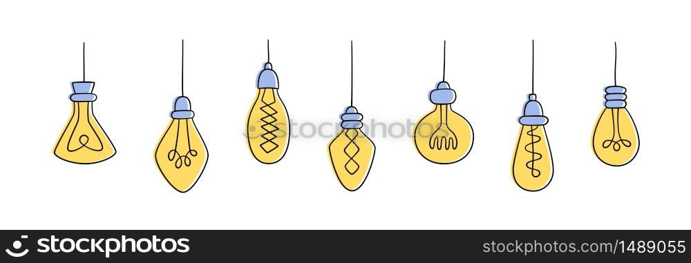 Set of Hand drawn Light Bulbs. Collection of different yellow loft lamps in doodle style. Isolated vector objects on white background. Hand drawn vector set of Light Bulbs. Collection of color loft lamps in doodle style.