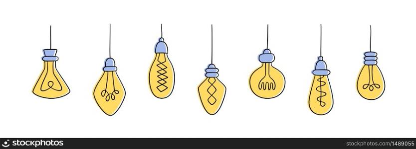Set of Hand drawn Light Bulbs. Collection of different yellow loft lamps in doodle style. Isolated vector objects on white background. Hand drawn vector set of Light Bulbs. Collection of color loft lamps in doodle style.