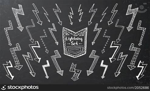 Set of hand drawn lightning on black background. Vector illustration