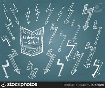 Set of hand drawn lightning on blue background. Vector illustration