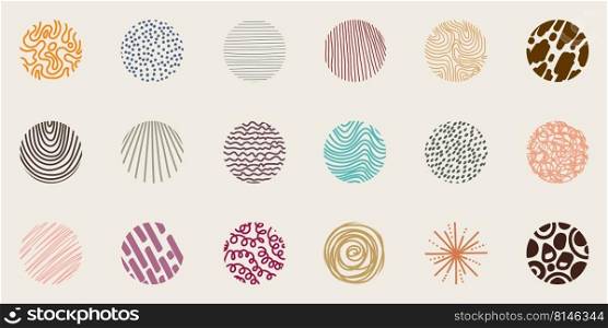 Set of hand drawn lines pattern doodle style round shapes isolated  on cream background. Vector graphic illustration