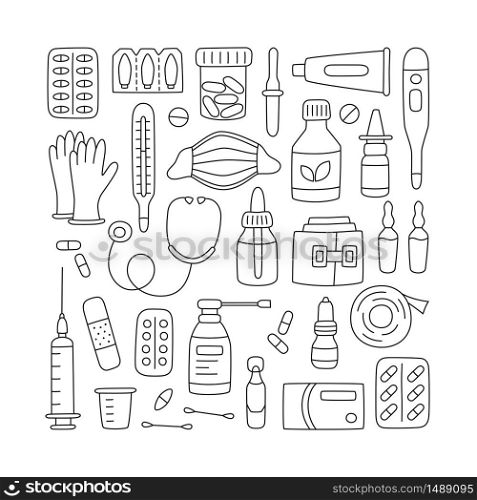Set of hand drawn medications, drugs, pills and health care medical elements. Vector illustration in doodle style on white background. Editable stroke. Set of hand drawn medications, drugs, pills and health care medical elements. Vector