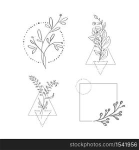 Set of hand drawn minimalistic branch with leaves and geometric elements on white background vector illustration. Doodle style. Design icon print, logo poster, symbol decor.. Set of hand drawn minimalistic branch with leaves and geometric elements on white background vector illustration. Doodle style. Design icon print, logo poster, symbol decor