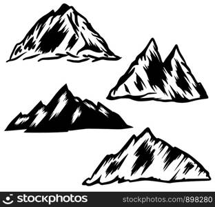 Set of hand drawn mountain illustrations. Design element for poster, emblem, sign, logo, label. Vector illustration