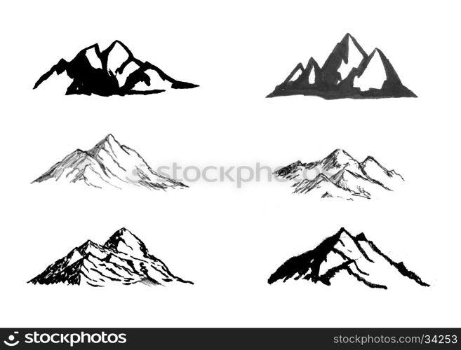 Set of hand drawn mountains. Design elements for logo, label, badge, emblem, sign, t-shirt print. Design elements in vector.