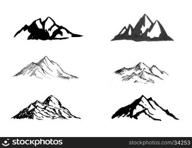 Set of hand drawn mountains. Design elements for logo, label, badge, emblem, sign, t-shirt print. Design elements in vector.