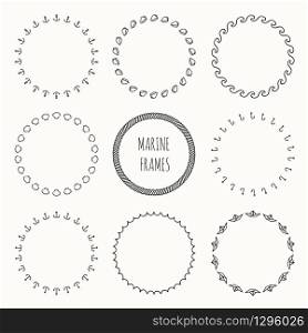 Set of hand drawn nautical hipster pattern. Wreath for invitations and birthday cards. Vector background. Illustration. Graphic style. Doodle art design elements. Marine frame collection. Sea. Set of hand drawn nautical hipster pattern. Wreath for invitations and birthday cards. Abstract vector background. Illustration. Graphic style. Doodle art design elements. Marine frame collection. Sea