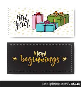 Set of hand drawn New year banners. Handwritten lettering New beginnings. Vector design element for invitations gift decorations.. Set of hand drawn New year banners. Handwritten lettering New beginnings. Vector design element for invitations gift decorations