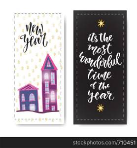 Set of hand drawn New year banners. Handwritten lettering. Vector design element for invitations decorations.. Set of hand drawn New year banners. Handwritten lettering. Vector design element for invitations decorations