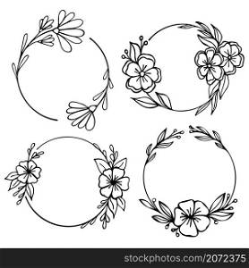 Set of hand-drawn round doodle floral with leaves on white background. Set of hand drawn round doodle floral with leaves on white background