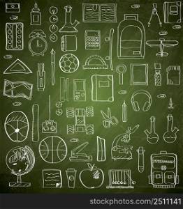 Set of Hand drawn school supplies on green chalk board. Vector illustration. Icons on school theme.