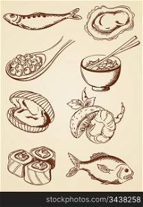 set of hand drawn seafood in retro style