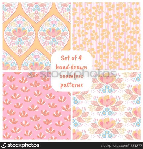 Set of hand-drawn seamless patterns with flowers. Colorful floral illustrations for paper, gift wrap, wallpapers, fabric, textile design.