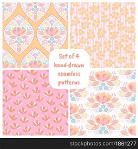 Set of hand-drawn seamless patterns with flowers. Colorful floral illustrations for paper, gift wrap, wallpapers, fabric, textile design.