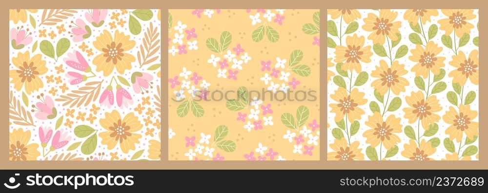 Set of hand-drawn seamless patterns with flowers. Colorful floral illustration for paper and gift wrap. Fabric print modern design. Creative stylish background.
