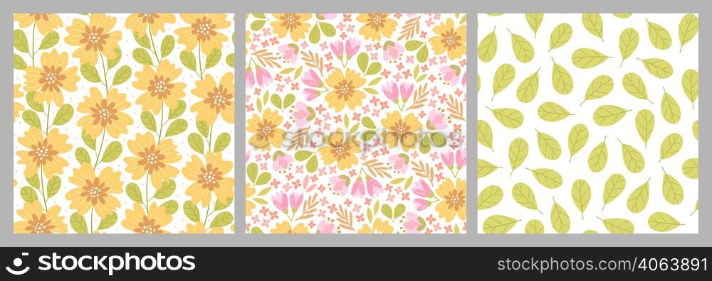 Set of hand-drawn seamless patterns with flowers. Colorful floral illustrations for paper and gift wrap. Fabric print modern design. Creative stylish background.